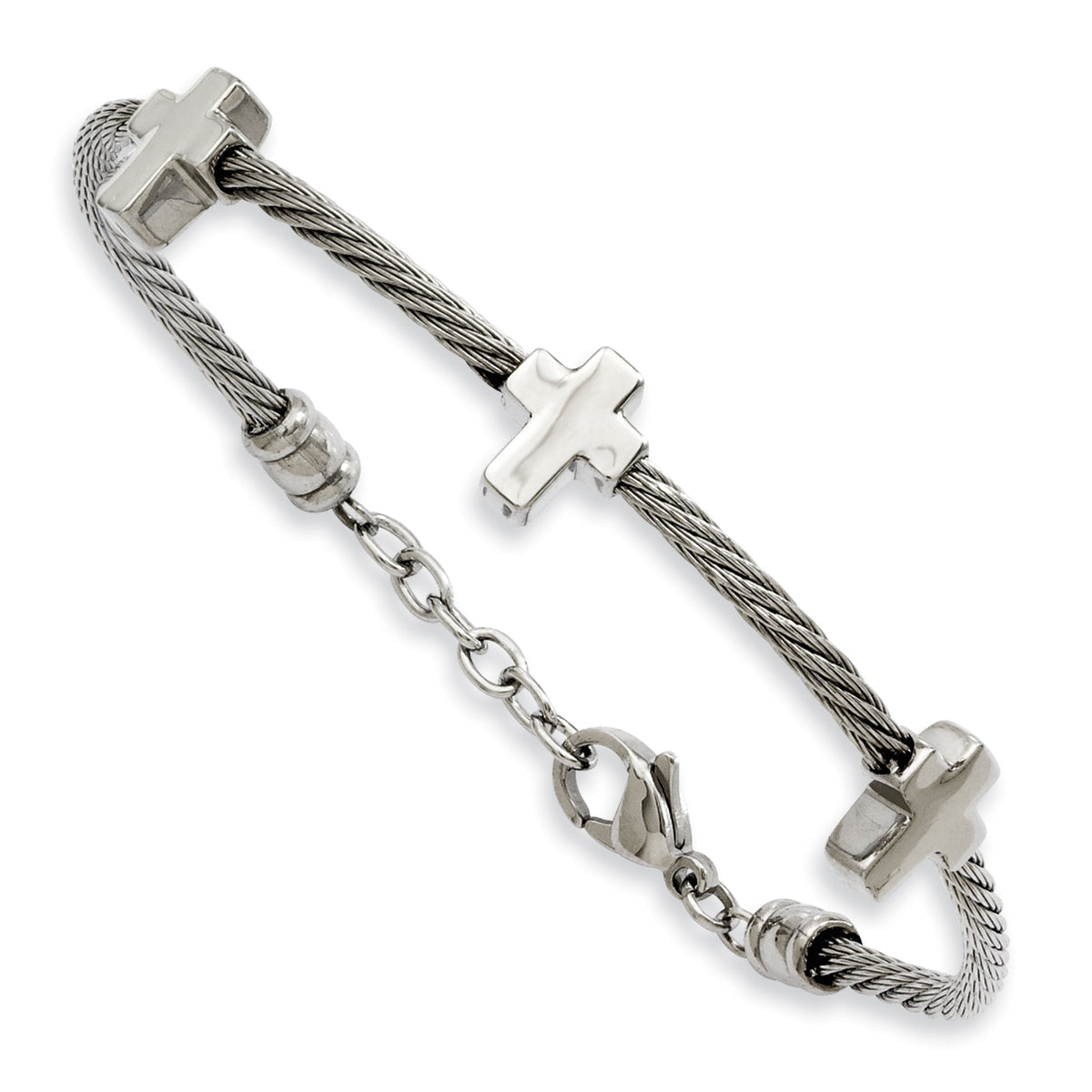 Crosses on Twisted Wire Bracelet in Stainless Steel, 10mm, 7.5 Inch