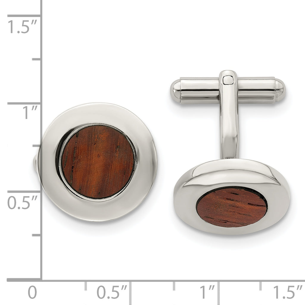 Stainless Steel Polished Koa Wood Inlay Circle Cufflinks for Men