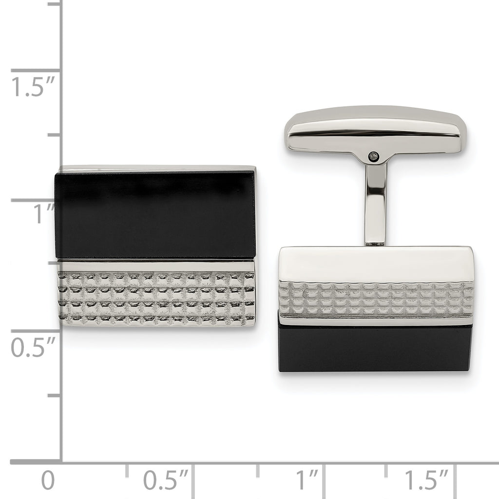 Stainless Steel Polished and Textured Black Agate Square Cufflinks for Men
