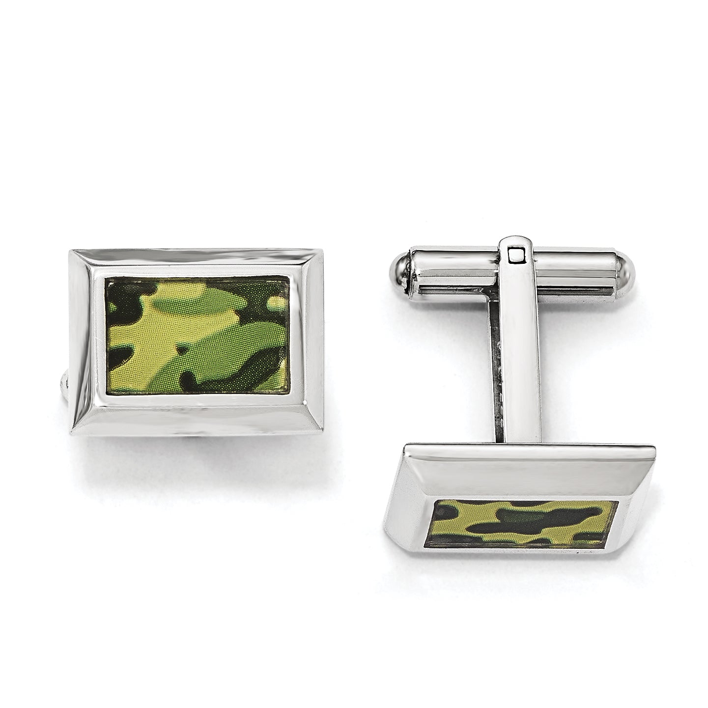 Stainless Steel Polished Printed Green Camo Under Rubber Cufflinks for Men