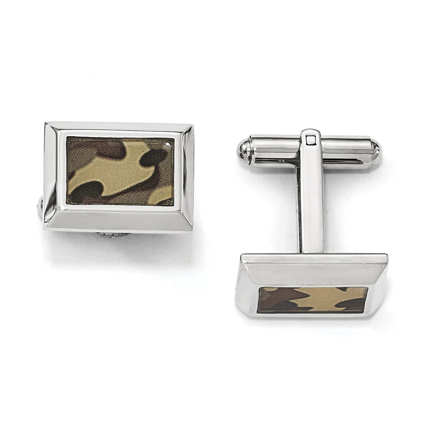 Stainless Steel Polished Printed Brown Camo Under Rubber Cufflinks for Men