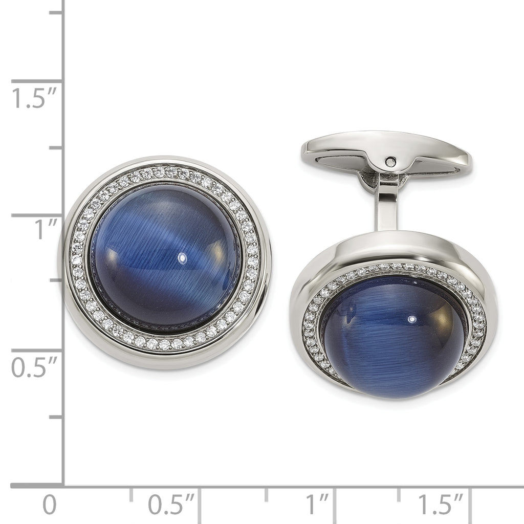Stainless Steel Polished with Cubic Zirconia and Black/Blue Onyx Circle Cufflinks for Men