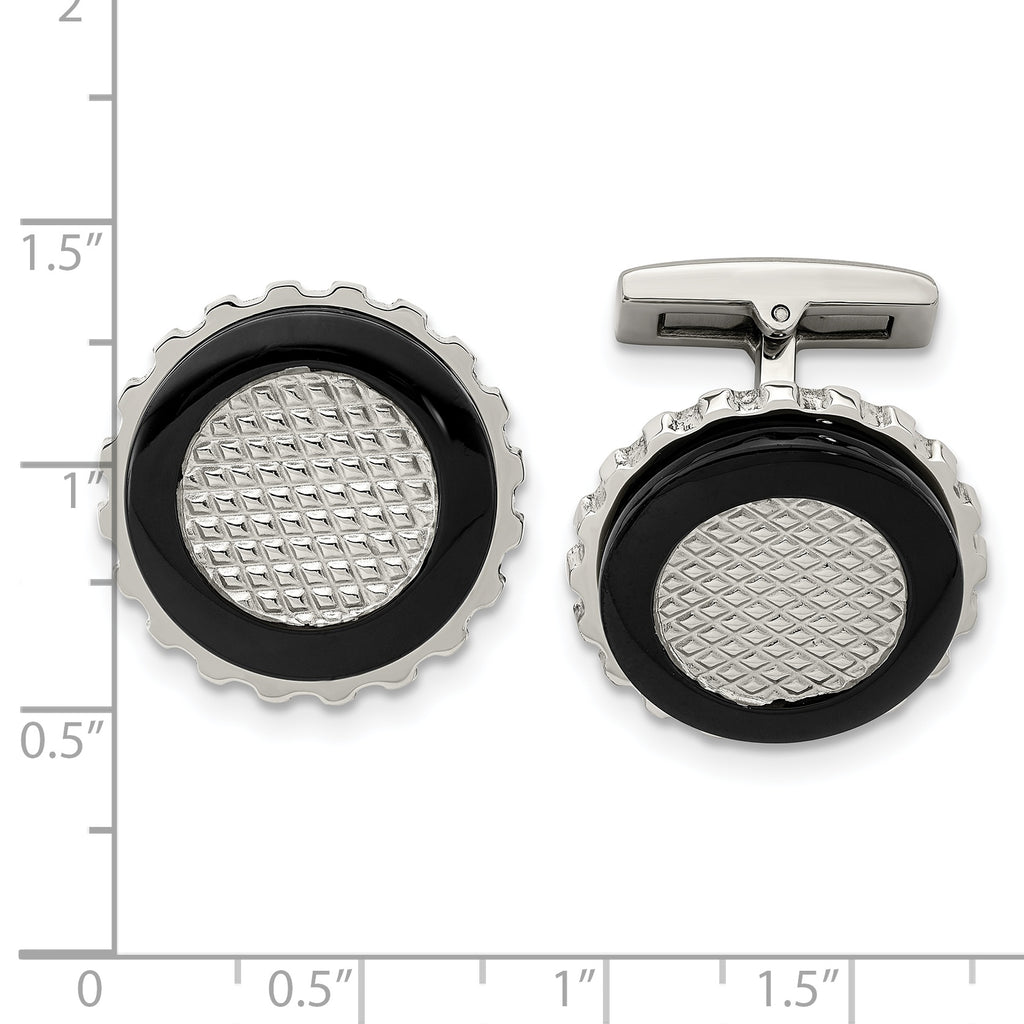 Stainless Steel Polished Black IP-plated Textured Edge Circle Cufflinks for Men