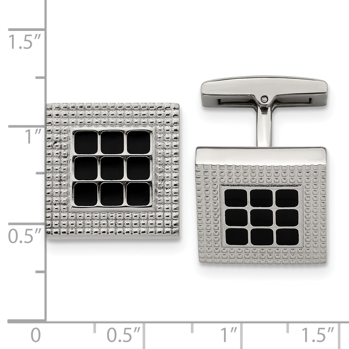 Stainless Steel Polished and Textured Black Rubber Square Cufflinks for Men