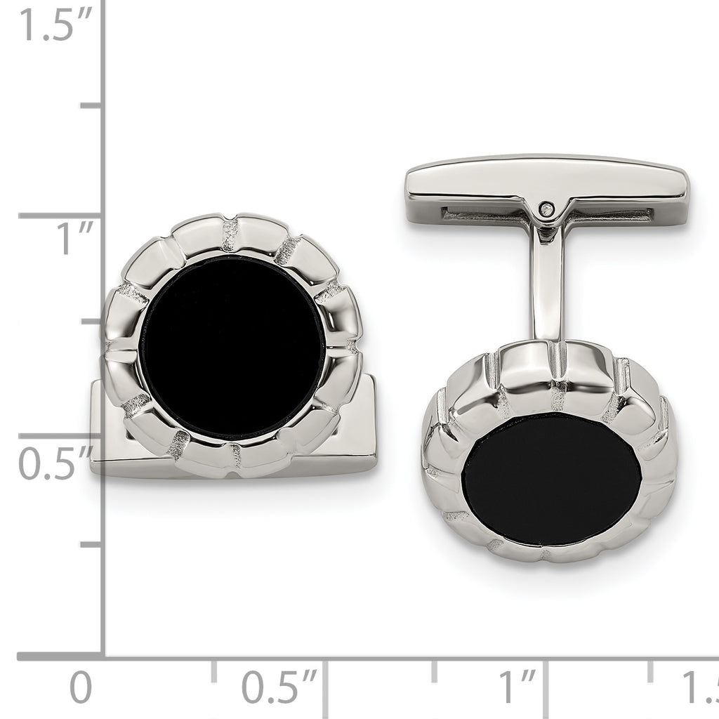 Stainless Steel Polished Black IP Scalloped Edge Cufflinks for Men