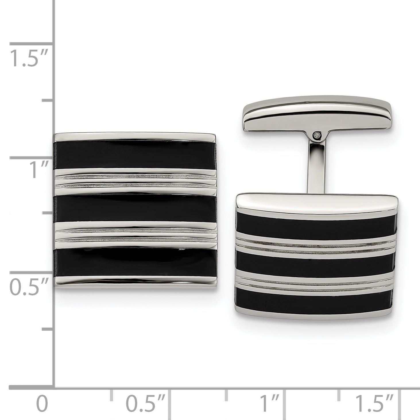 Stainless Steel Polished Grooved Black Rubber Stripes Cufflinks for Men
