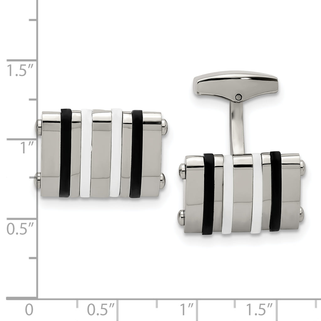 Stainless Steel Polished Black and White Rubber Bands Rectangle Cufflinks for Men