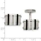Stainless Steel Polished Black and White Rubber Bands Rectangle Cufflinks for Men