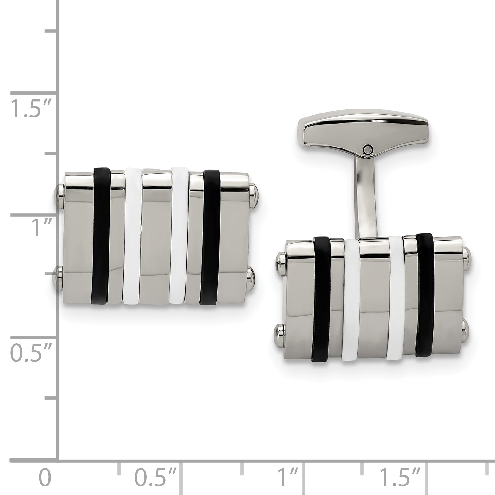 Stainless Steel Polished Black and White Rubber Bands Rectangle Cufflinks for Men