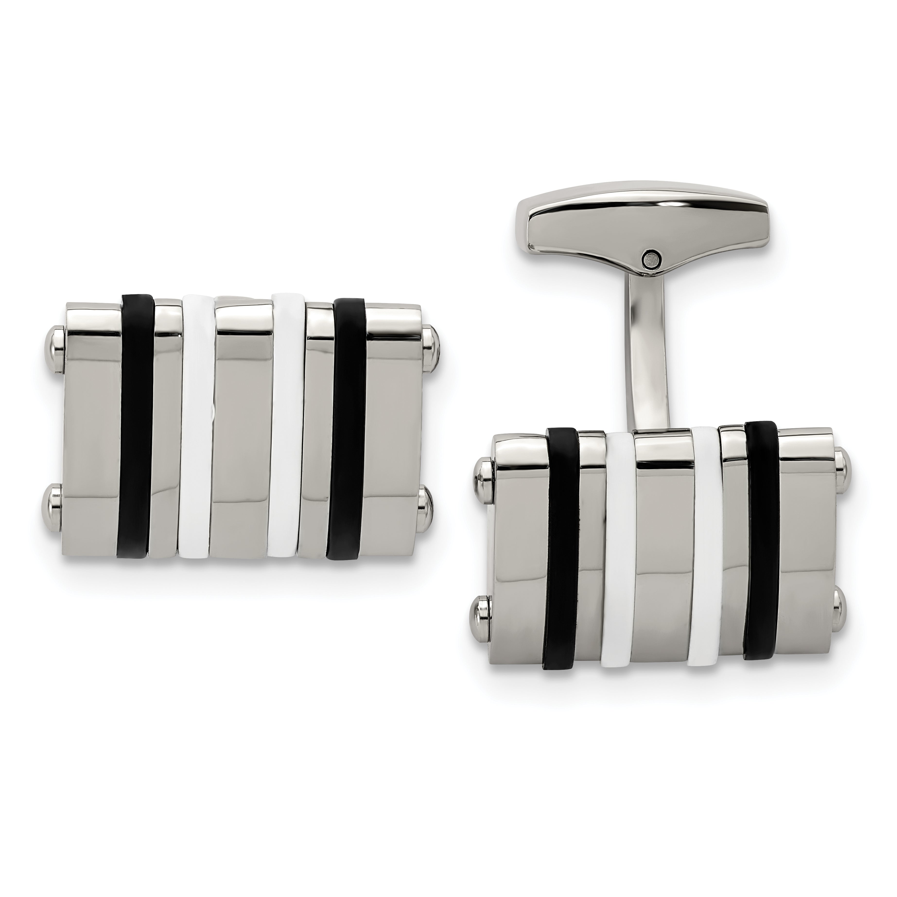 Chisel Stainless Steel Polished Black and White Rubber Bands Rectangle Cufflinks Main image
