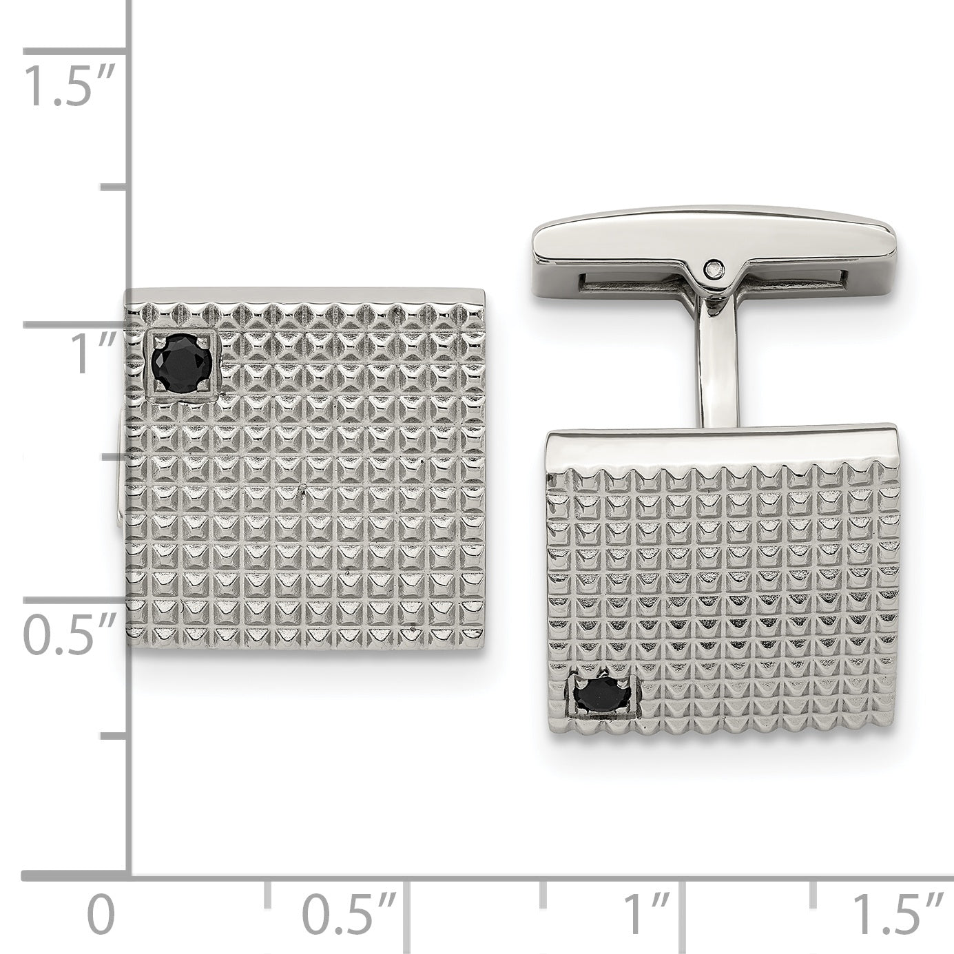 Stainless Steel Polished and Textured Black Cubic Zirconia Square Cufflinks for Men