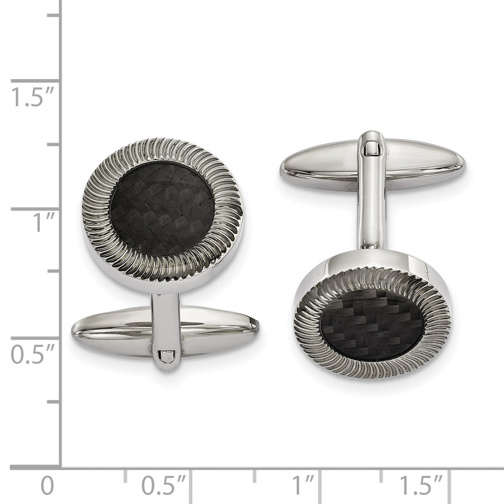 Stainless Steel Polished Textured Black Carbon Fiber Inlay Circle Cufflinks for Men