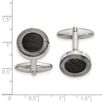 Stainless Steel Polished Textured Black Carbon Fiber Inlay Circle Cufflinks for Men