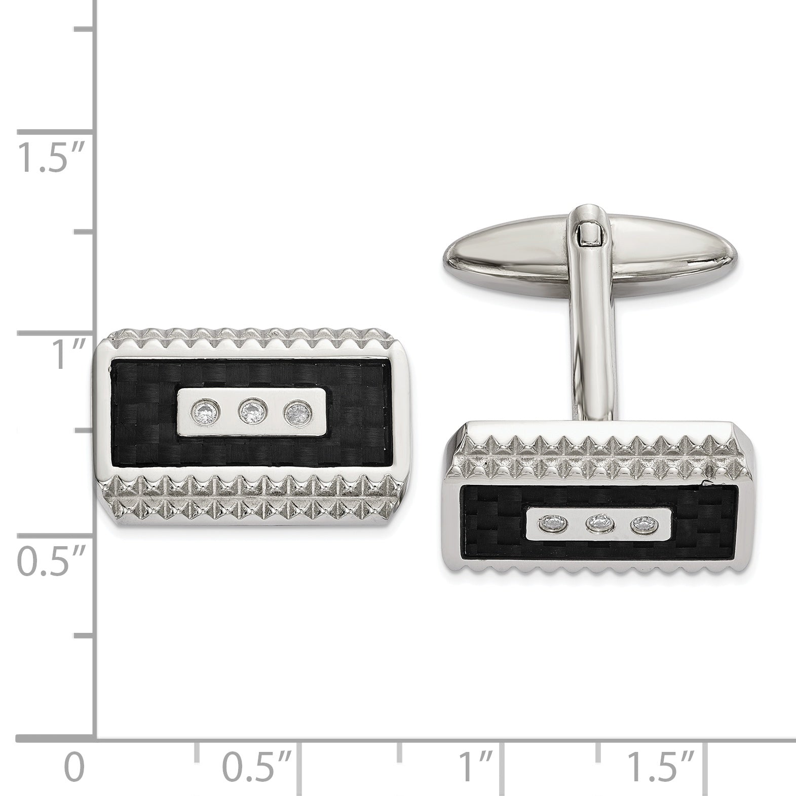 Stainless Steel Polished and Textured Black Carbon Fiber Inlay Cubic Zirconia Cufflinks for Men