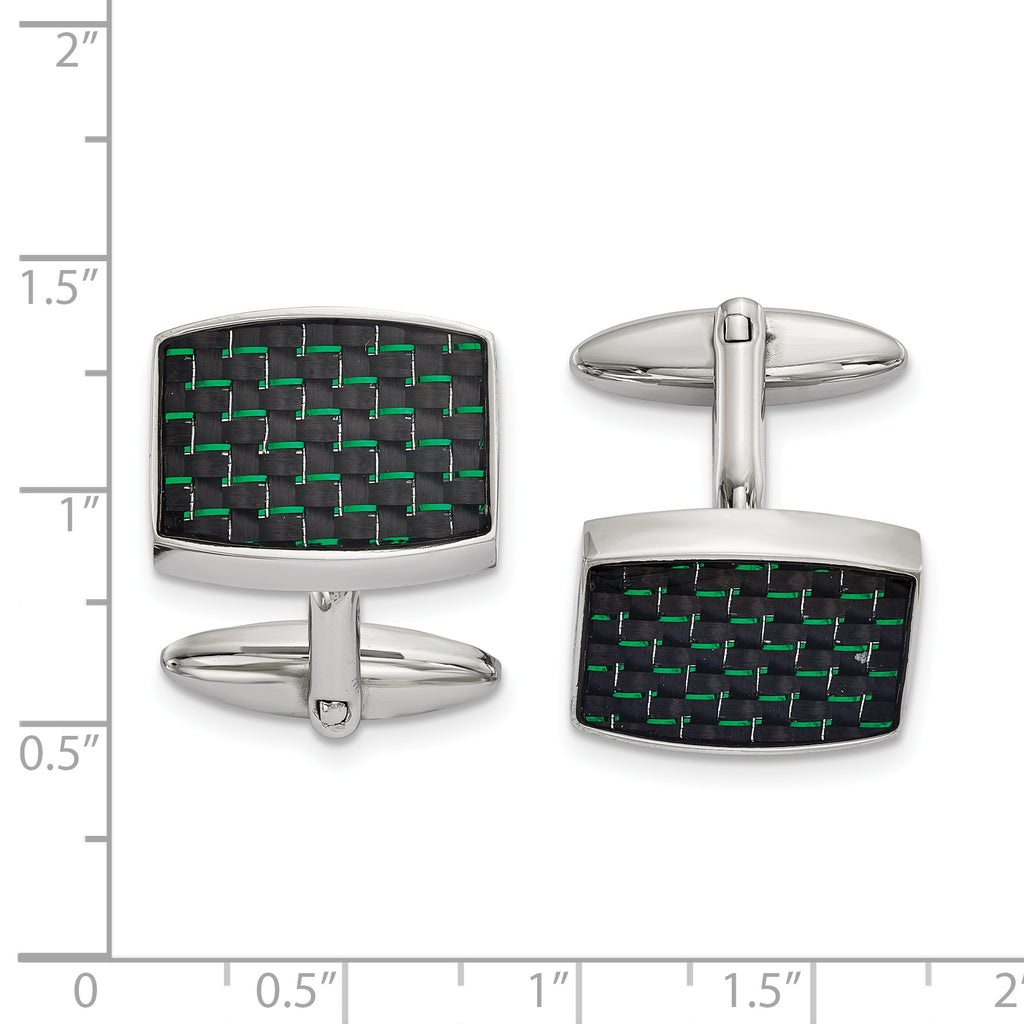 Stainless Steel Polished Black and Green Carbon Fiber Inlay Cufflinks for Men