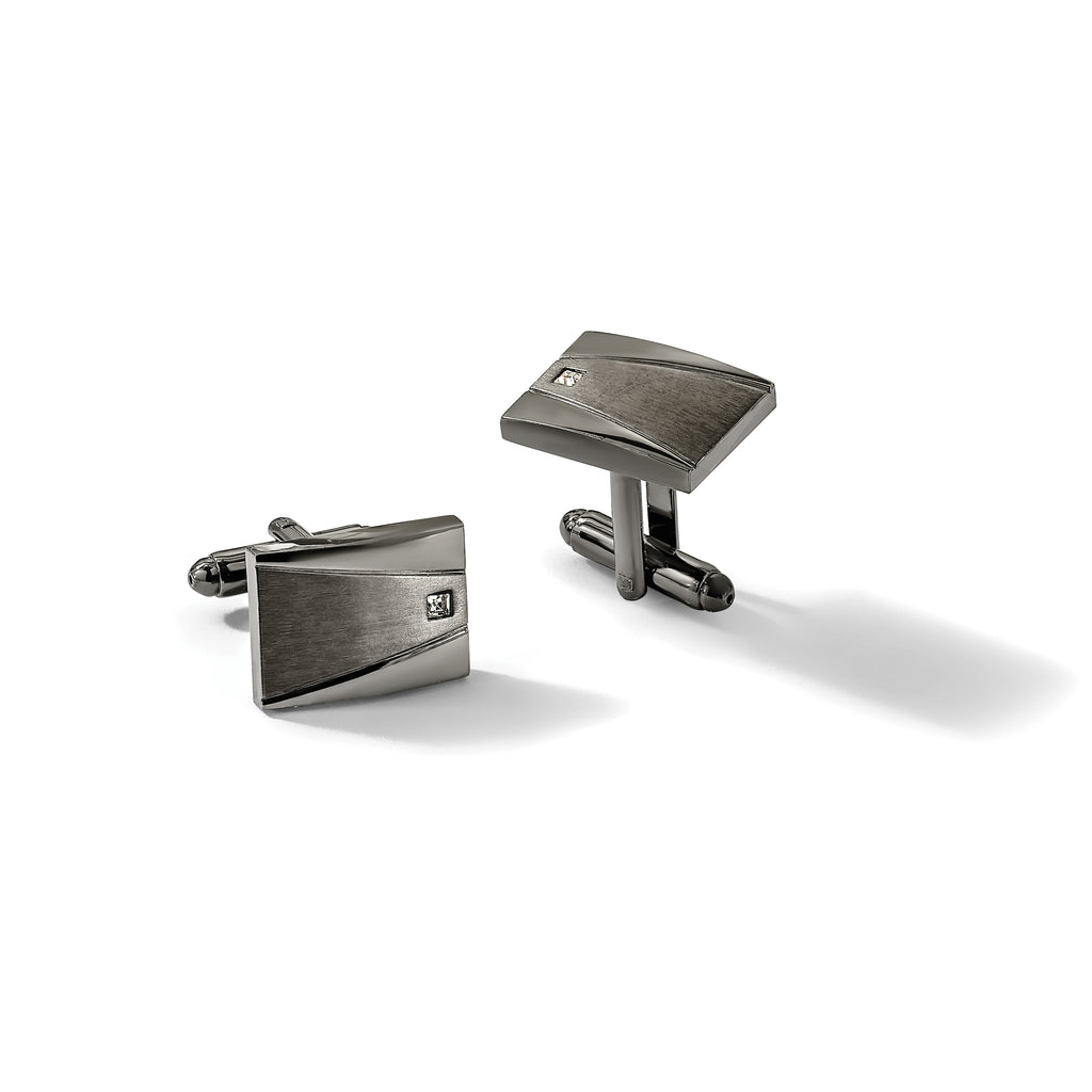 Stainless Steel Brushed and Polished Gunmetal IP-plated with Cubic Zirconia Rectangle Cufflinks for Men