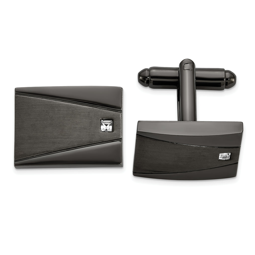 Stainless Steel Brushed and Polished Gunmetal IP-plated with Cubic Zirconia Rectangle Cufflinks for Men
