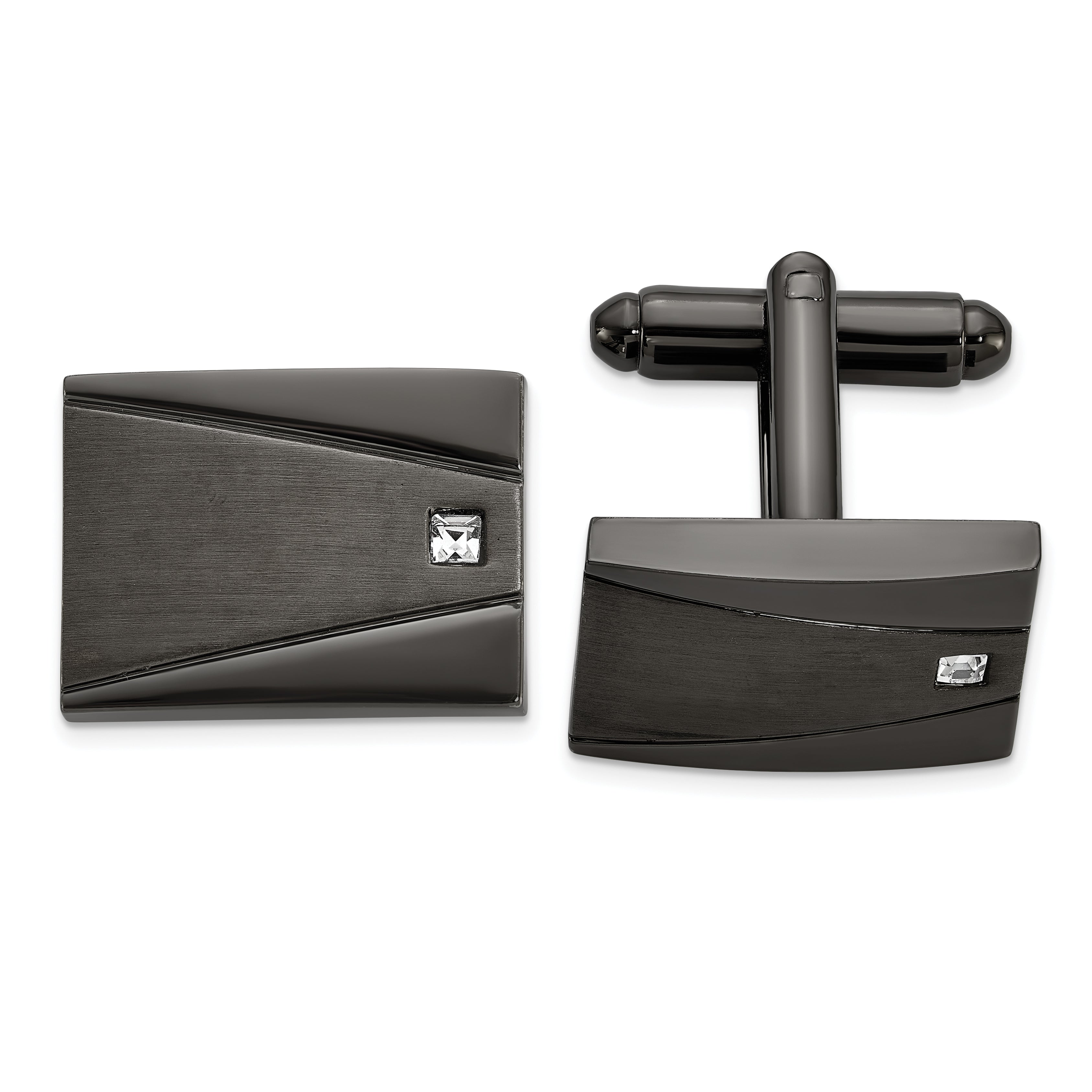Stainless Steel Brushed and Polished Gunmetal IP-plated with Cubic Zirconia Rectangle Cufflinks for Men