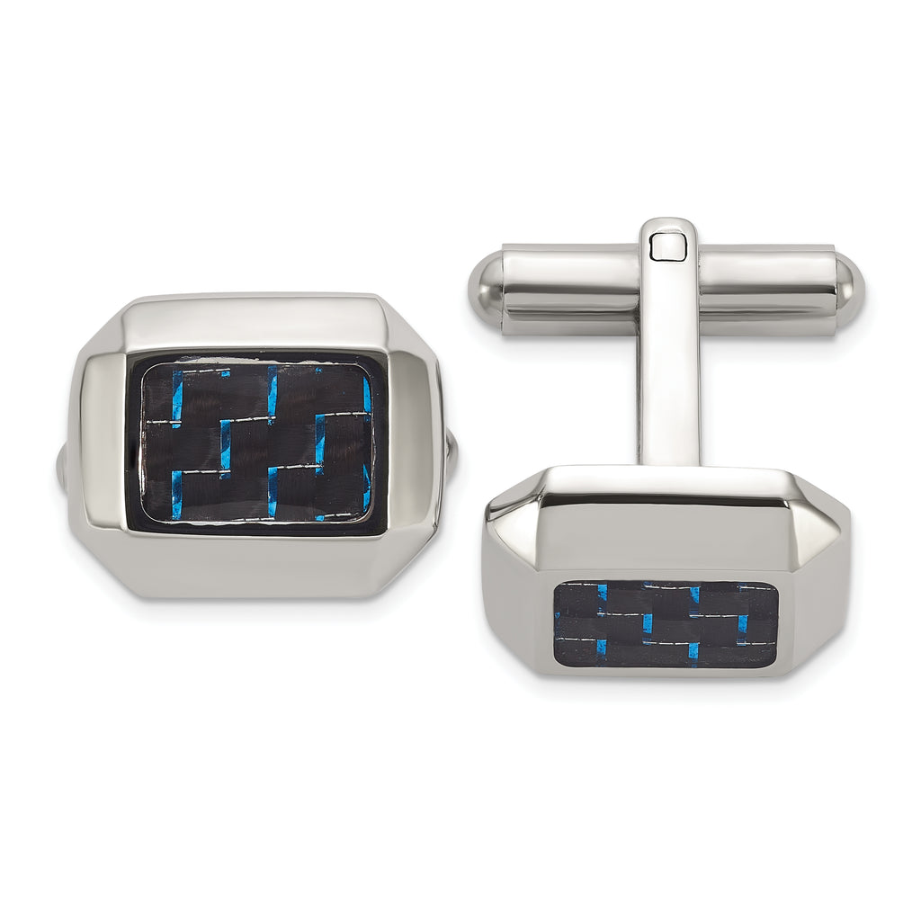 Stainless Steel Polished with Black and Blue Carbon Fiber Inlay Cufflinks for Men