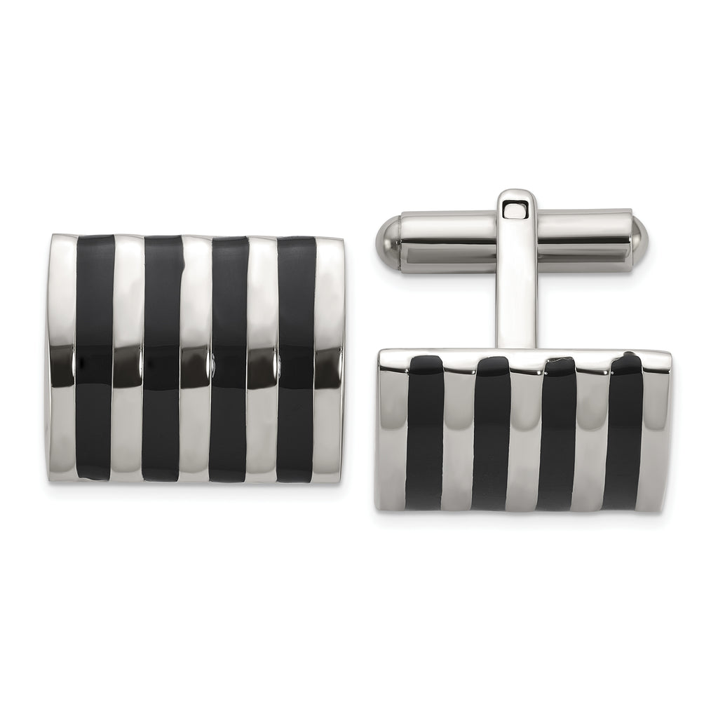 Stainless Steel Polished with Black Enamel Stripes Cufflinks for Men