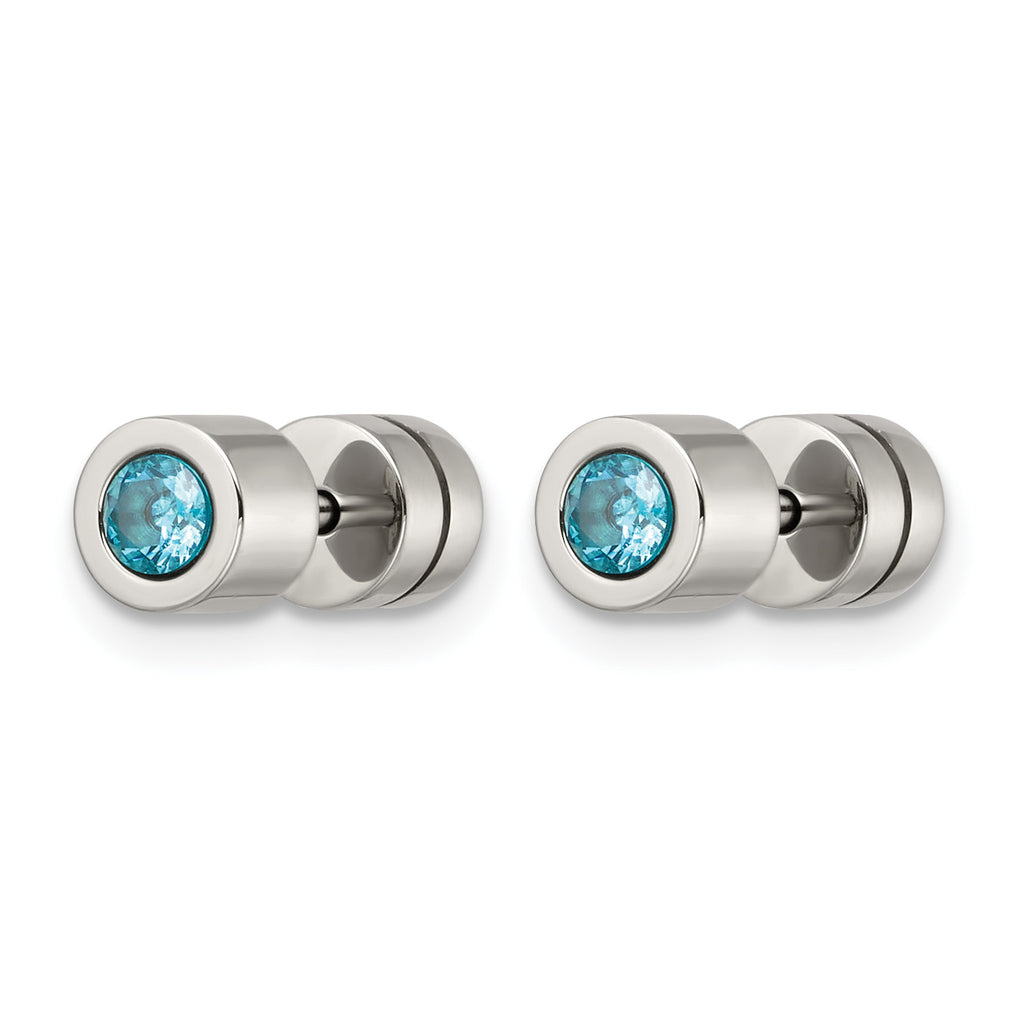 Stainless Steel Polished Blue Cubic Zirconia Birthstone Stud Earrings for Women