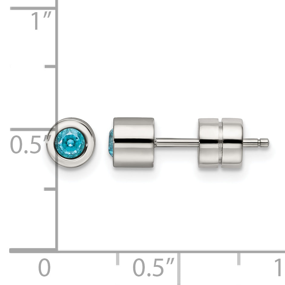 Stainless Steel Polished Blue Cubic Zirconia Birthstone Stud Earrings for Women