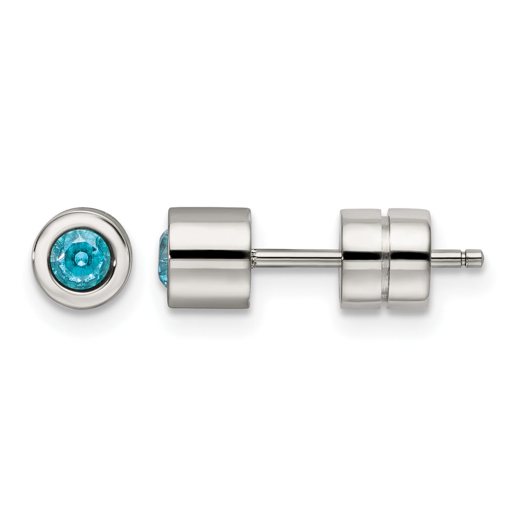 Stainless Steel Polished Blue Cubic Zirconia Birthstone Stud Earrings for Women