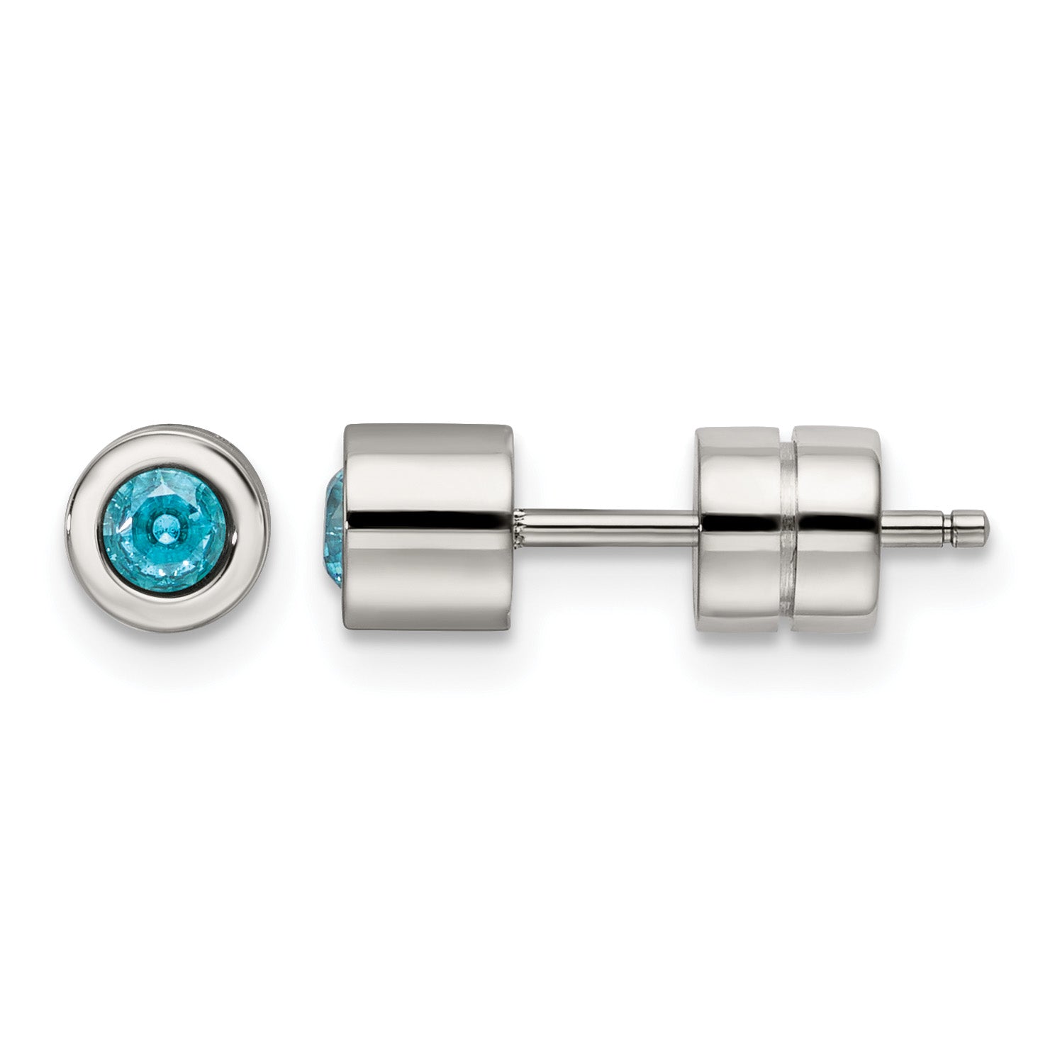 Stainless Steel Polished Blue Cubic Zirconia Birthstone Stud Earrings for Women