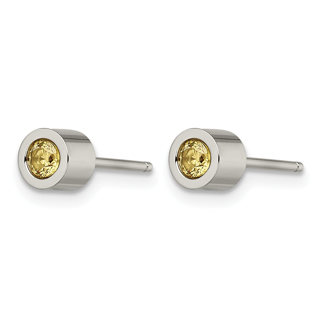 Stainless Steel Polished Yellow Cubic Zirconia Birthstone Stud Earrings for Women