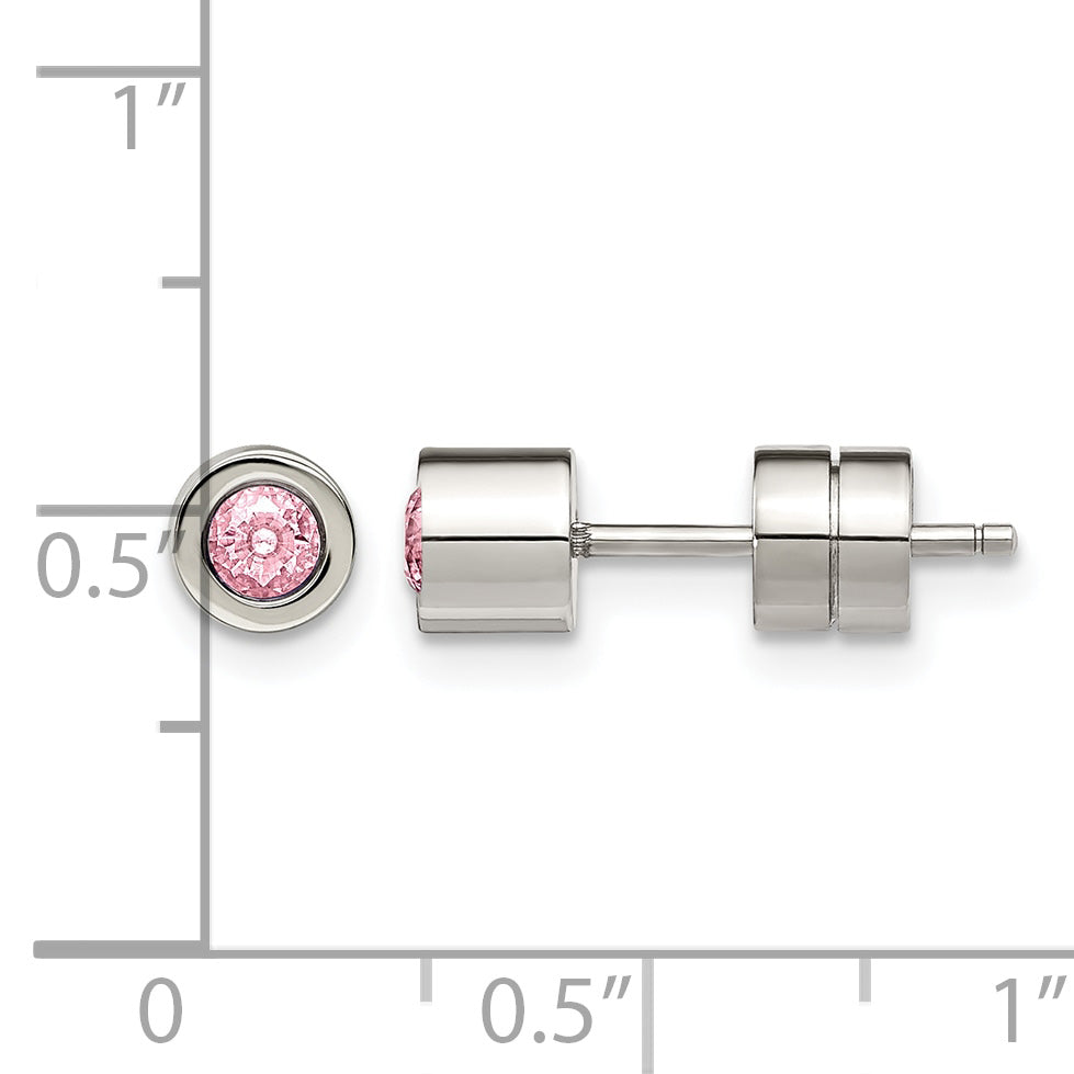 Stainless Steel Polished Pink Cubic Zirconia Birthstone Stud Earrings for Women