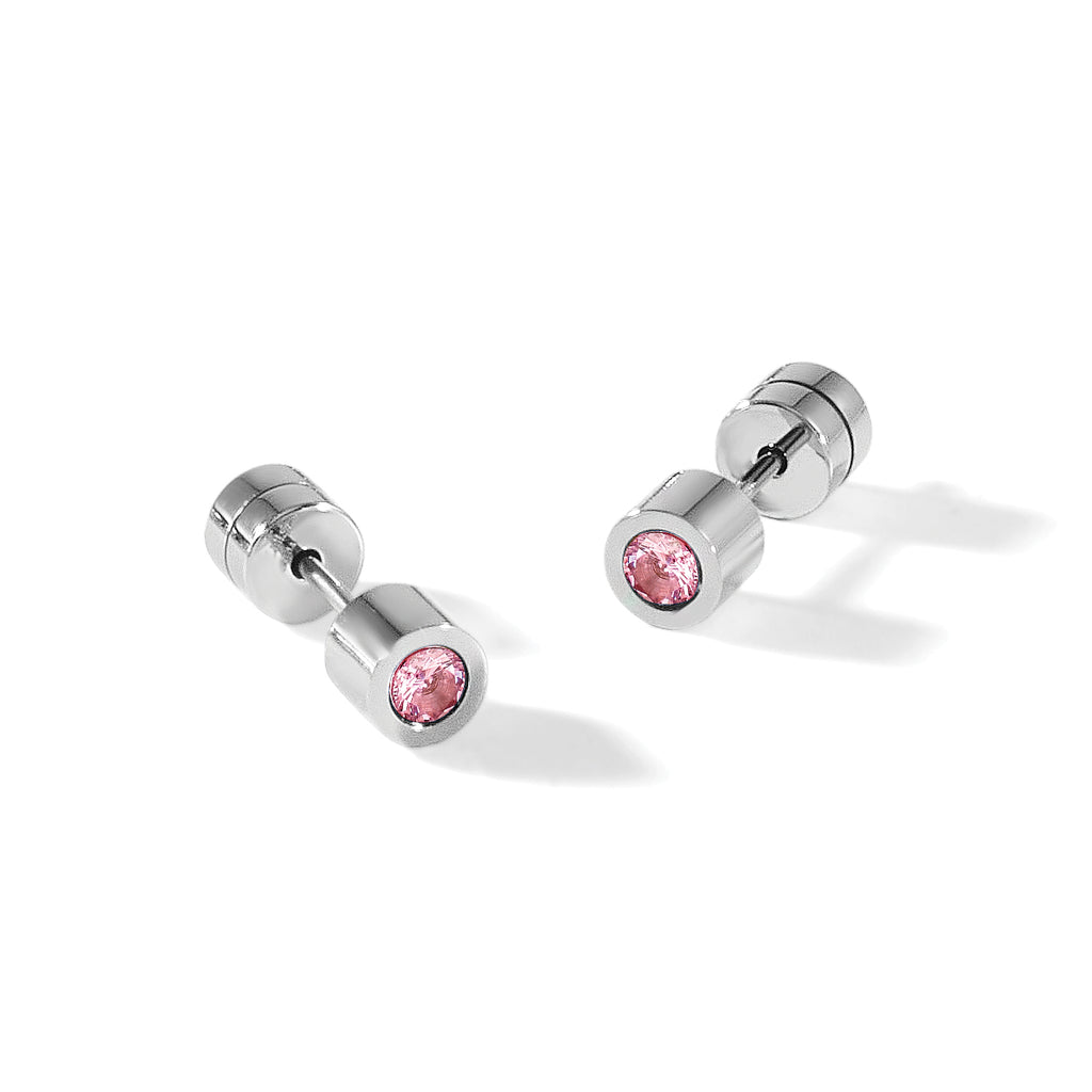 Stainless Steel Polished Pink Cubic Zirconia Birthstone Stud Earrings for Women