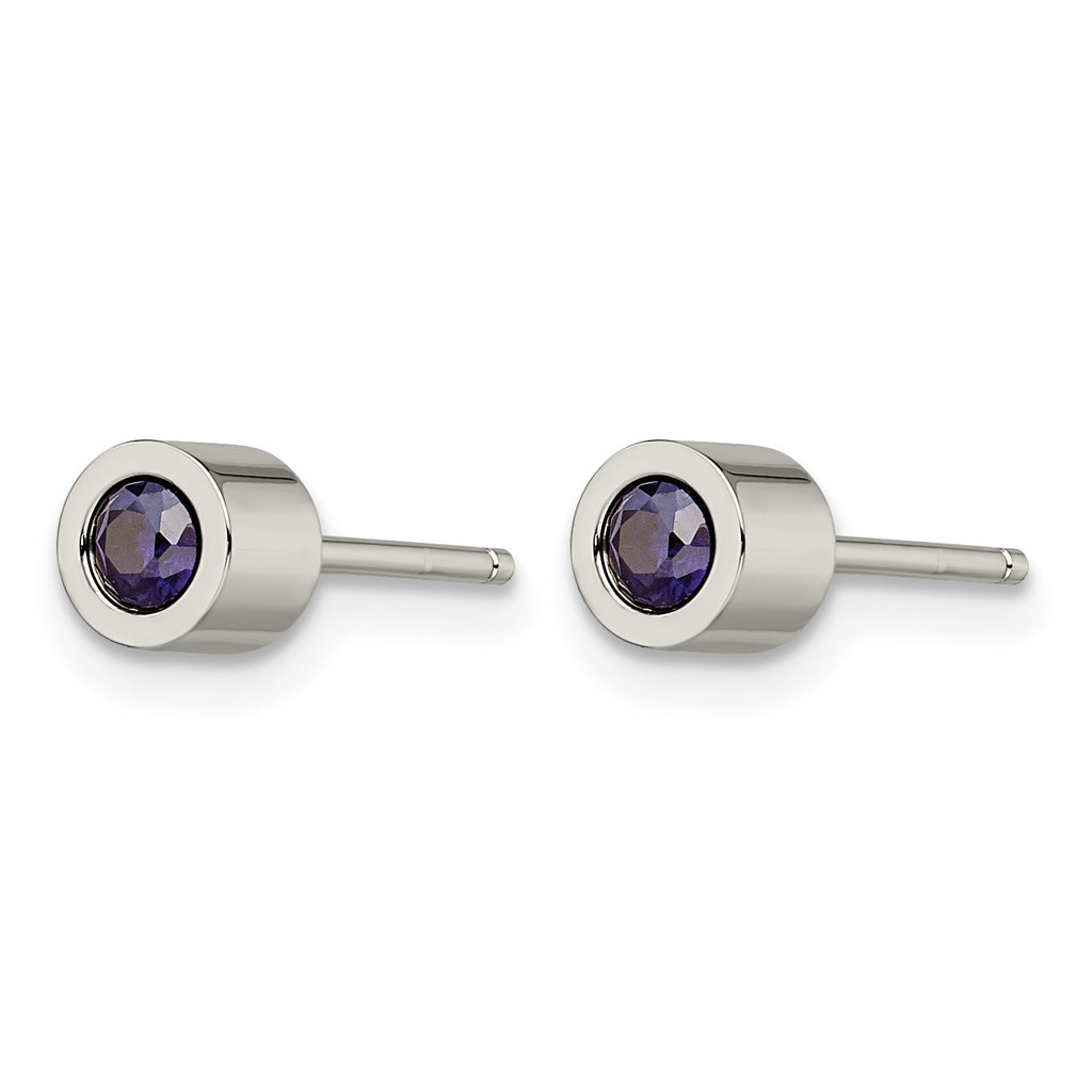 Stainless Steel Polished Blue Cubic Zirconia Birthstone Stud Earrings for Women
