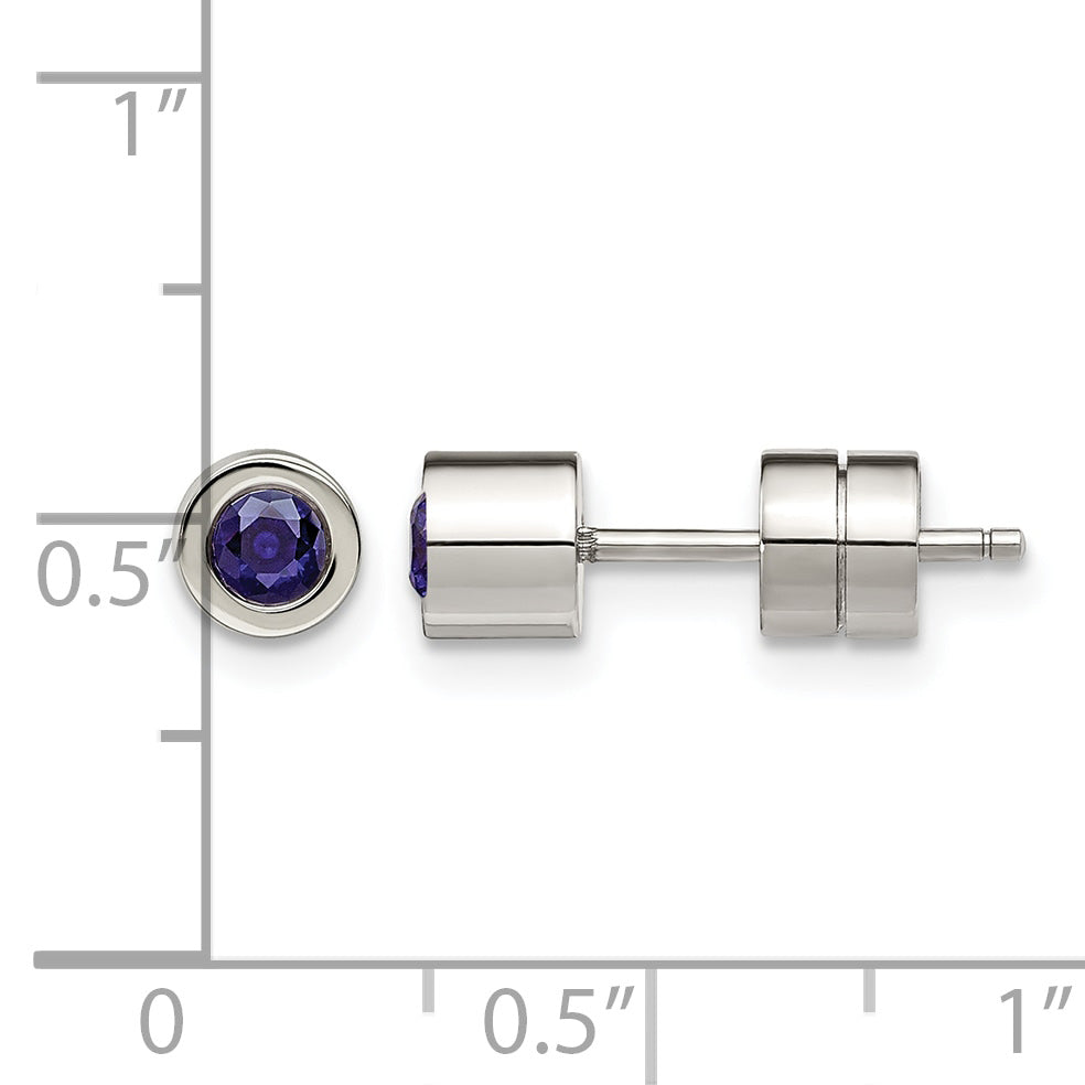 Stainless Steel Polished Blue Cubic Zirconia Birthstone Stud Earrings for Women
