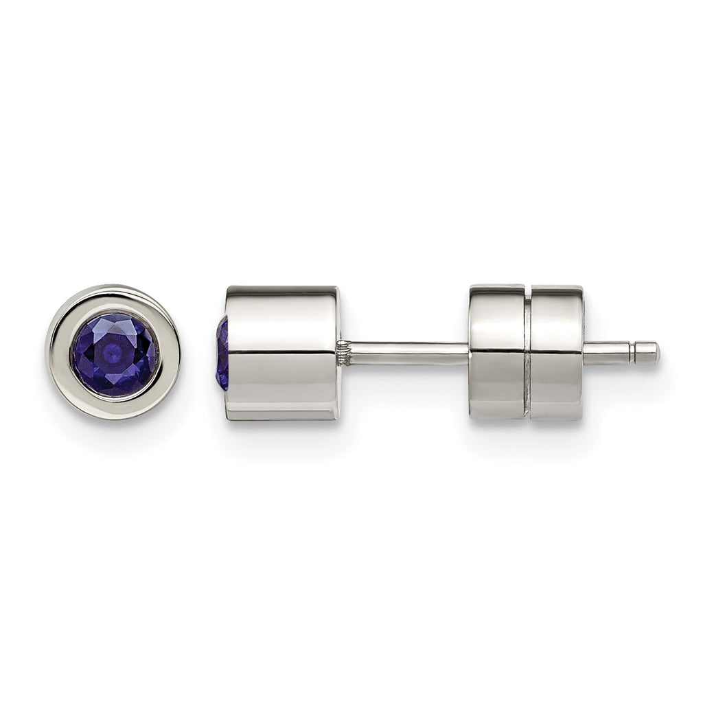 Stainless Steel Polished Blue Cubic Zirconia Birthstone Stud Earrings for Women