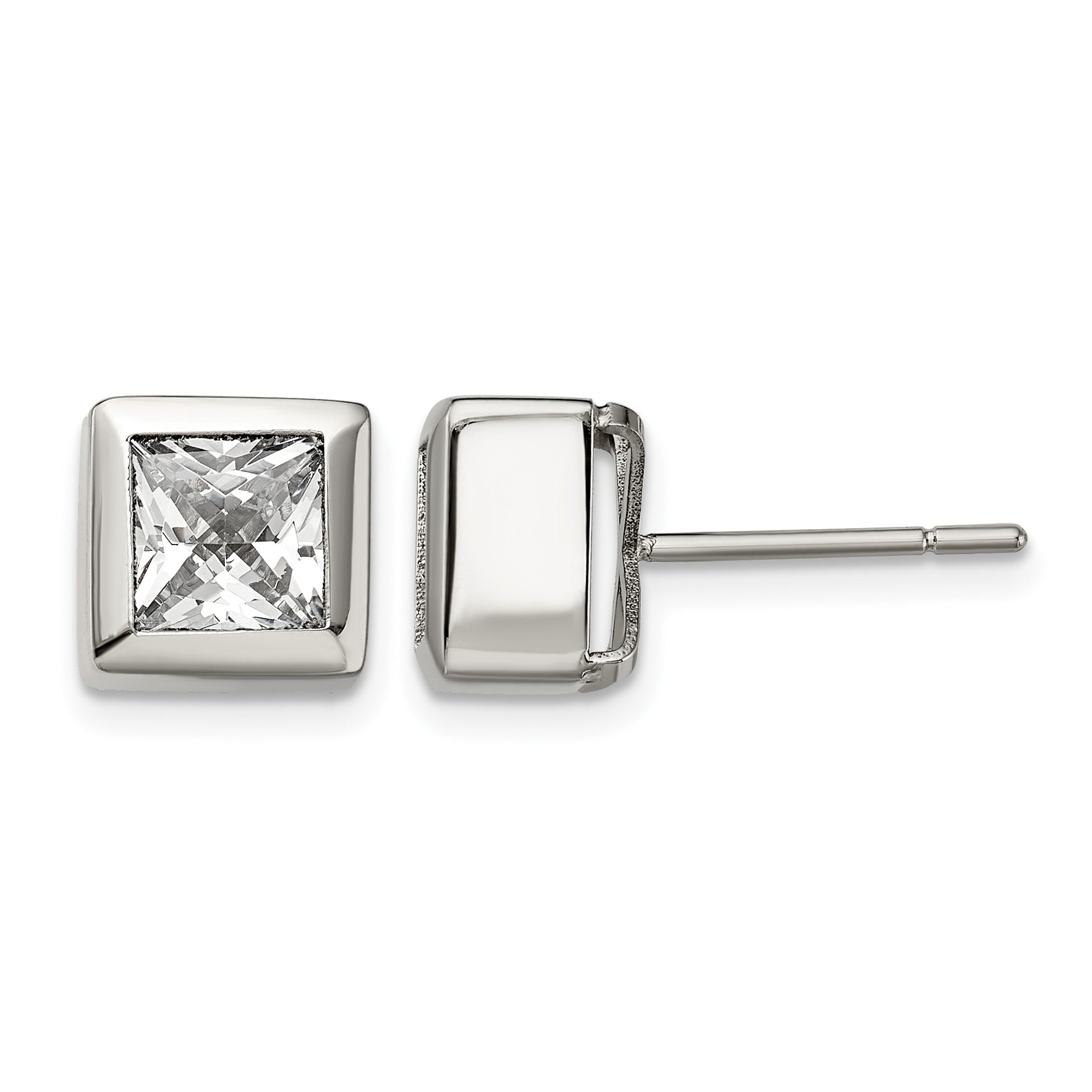 Stainless Steel Polished Square Cubic Zirconia Stud Earrings