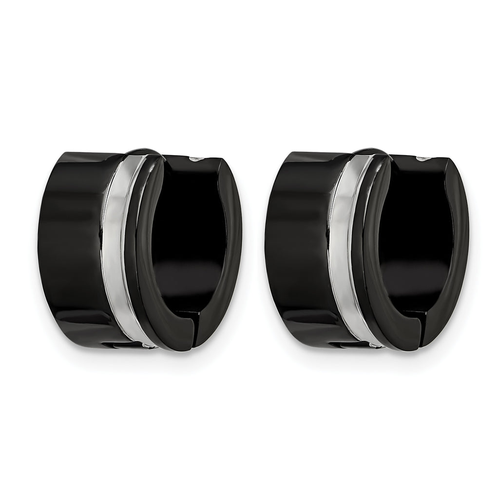 Stainless Steel Black Polished Hinged Huggie Hoop Earrings