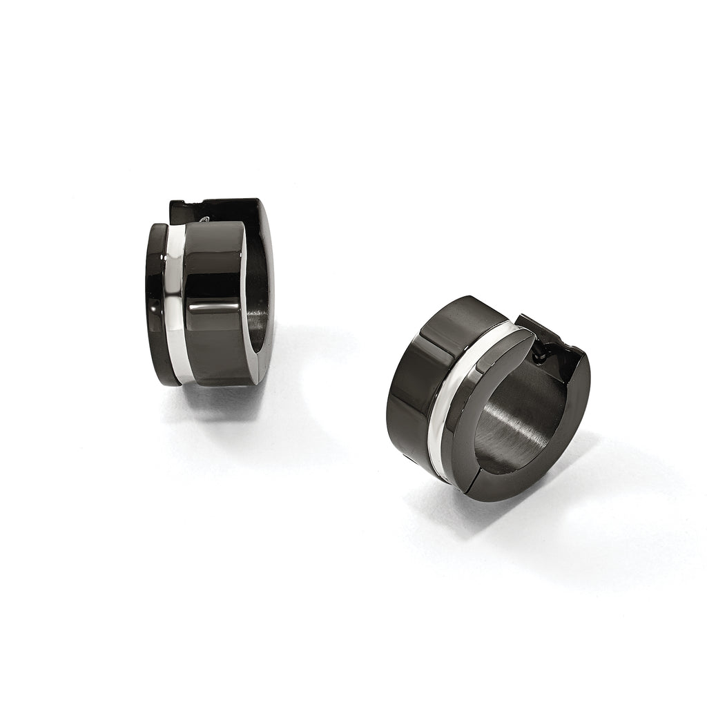 Stainless Steel Black Polished Hinged Huggie Hoop Earrings