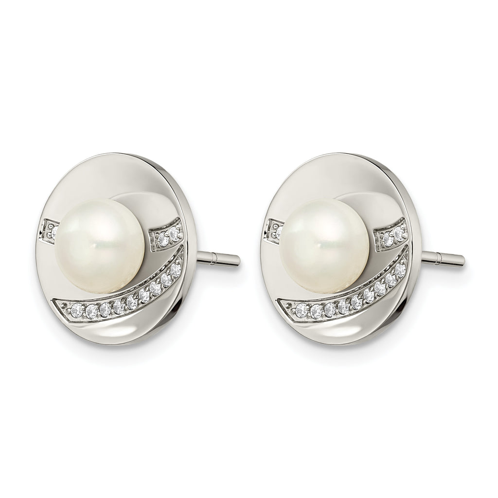 Stainless Steel Polished Pear Cubic Zirconia Button Earrings for Women