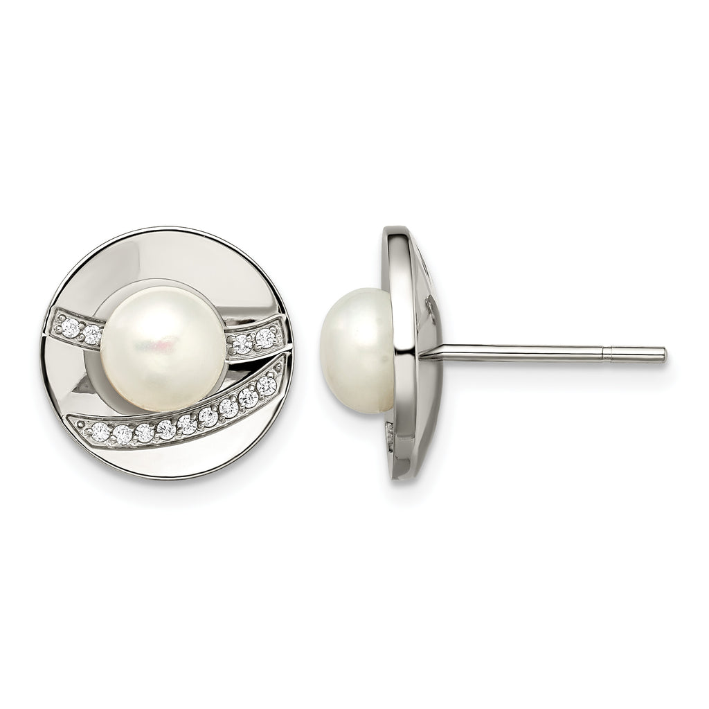 Stainless Steel Polished Pear Cubic Zirconia Button Earrings for Women