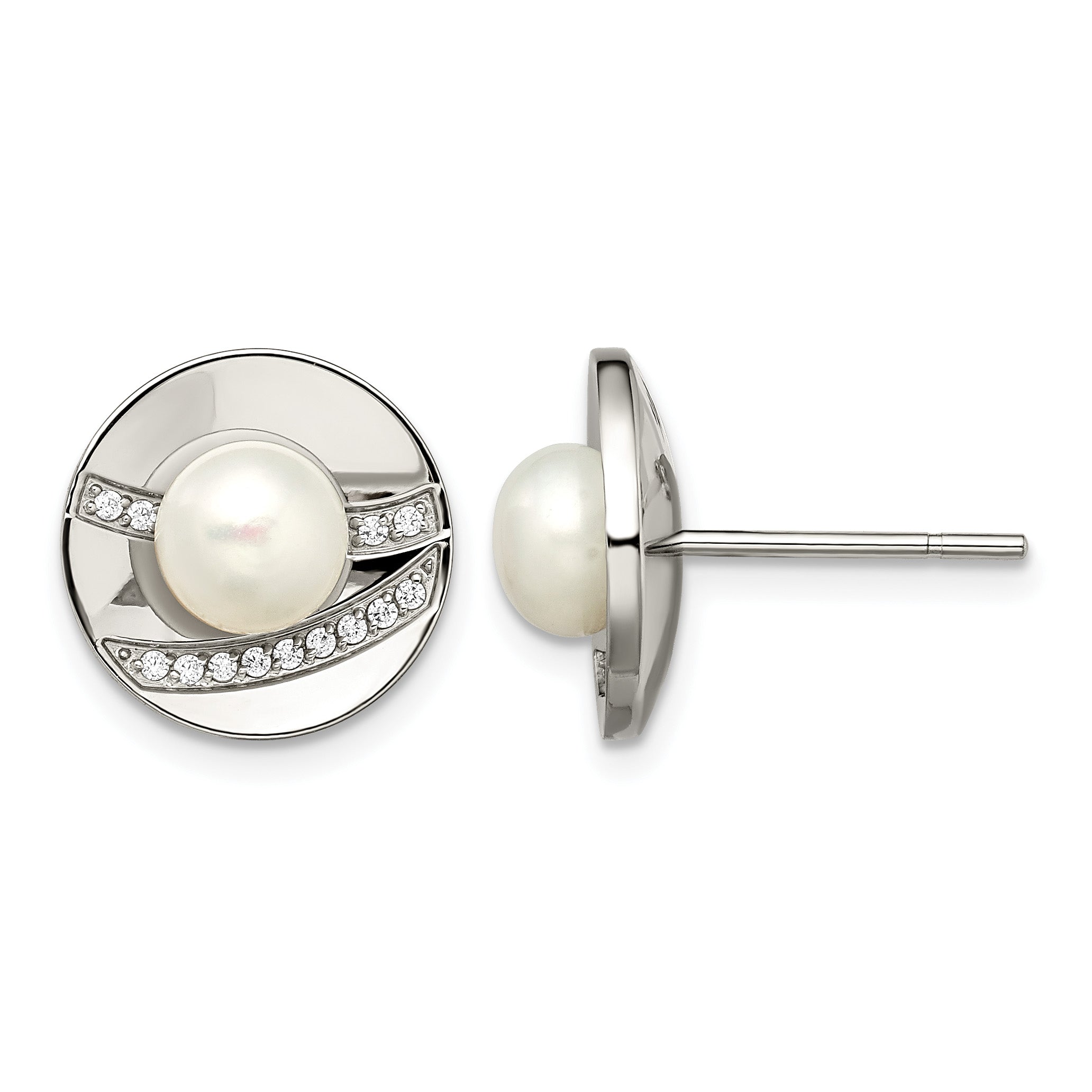 Stainless Steel Polished Pear Cubic Zirconia Button Earrings for Women