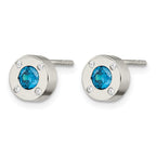 Stainless Steel Polished Blue Cubic Zirconia Birthstone Stud Earrings for Women
