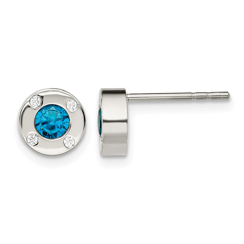 Stainless Steel Polished Blue Cubic Zirconia Birthstone Stud Earrings for Women