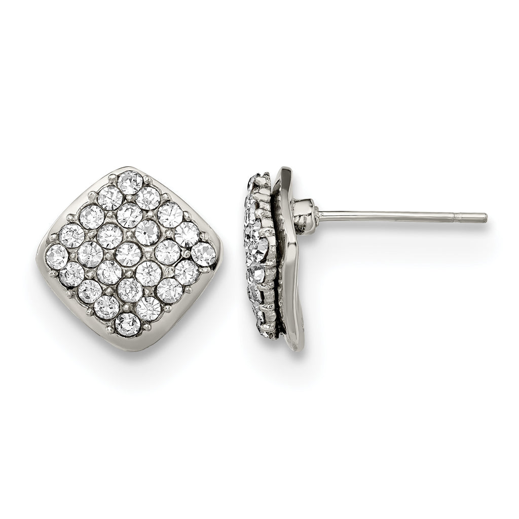 Stainless Steel Polished Square Crystal Cluster Button Earrings for Women