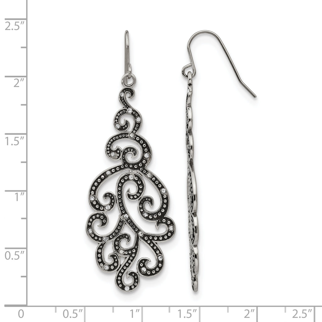 Stainless Steel Polished & Antiqued Crystal Drop Dangle Earrings for Women