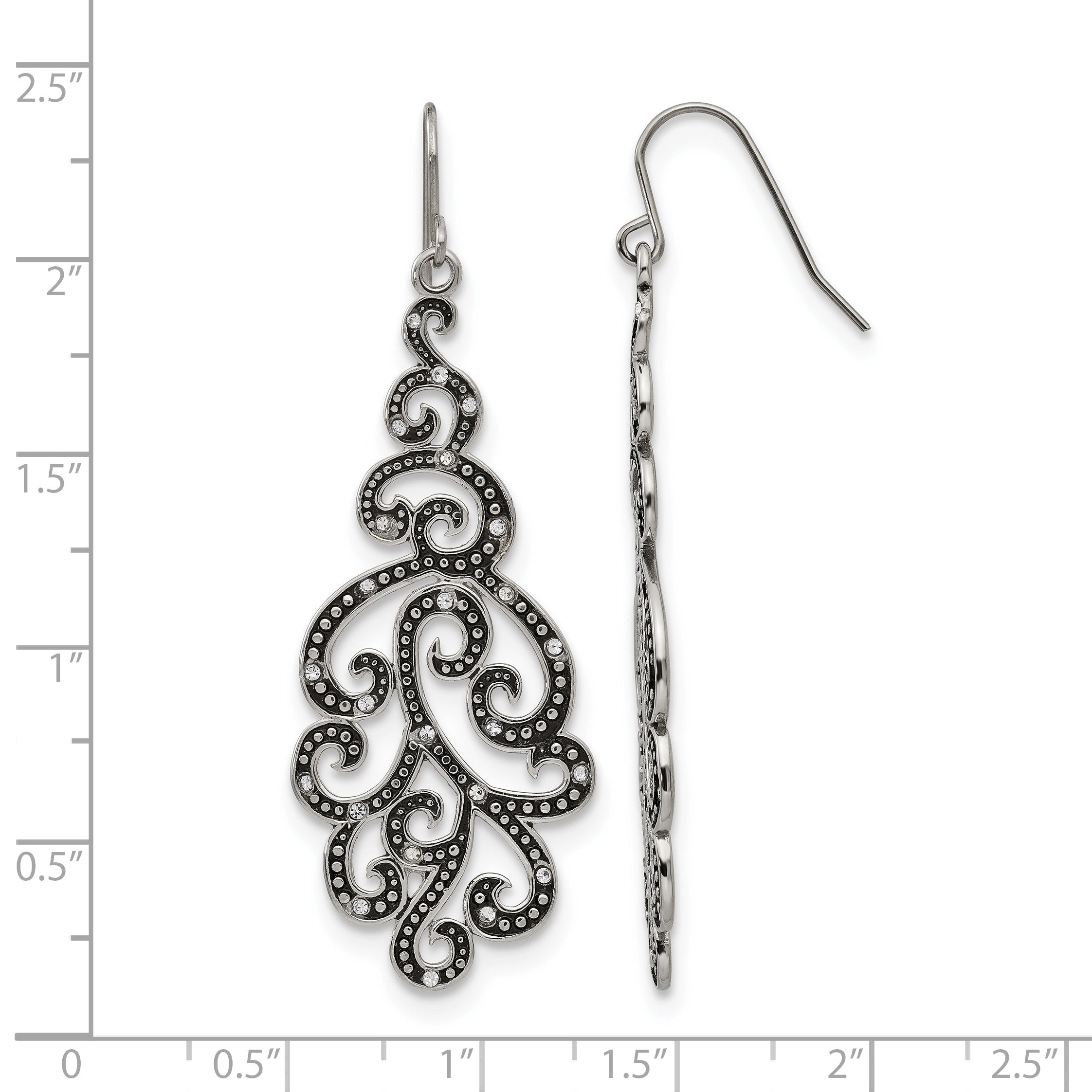 Stainless Steel Polished & Antiqued Crystal Drop Dangle Earrings for Women