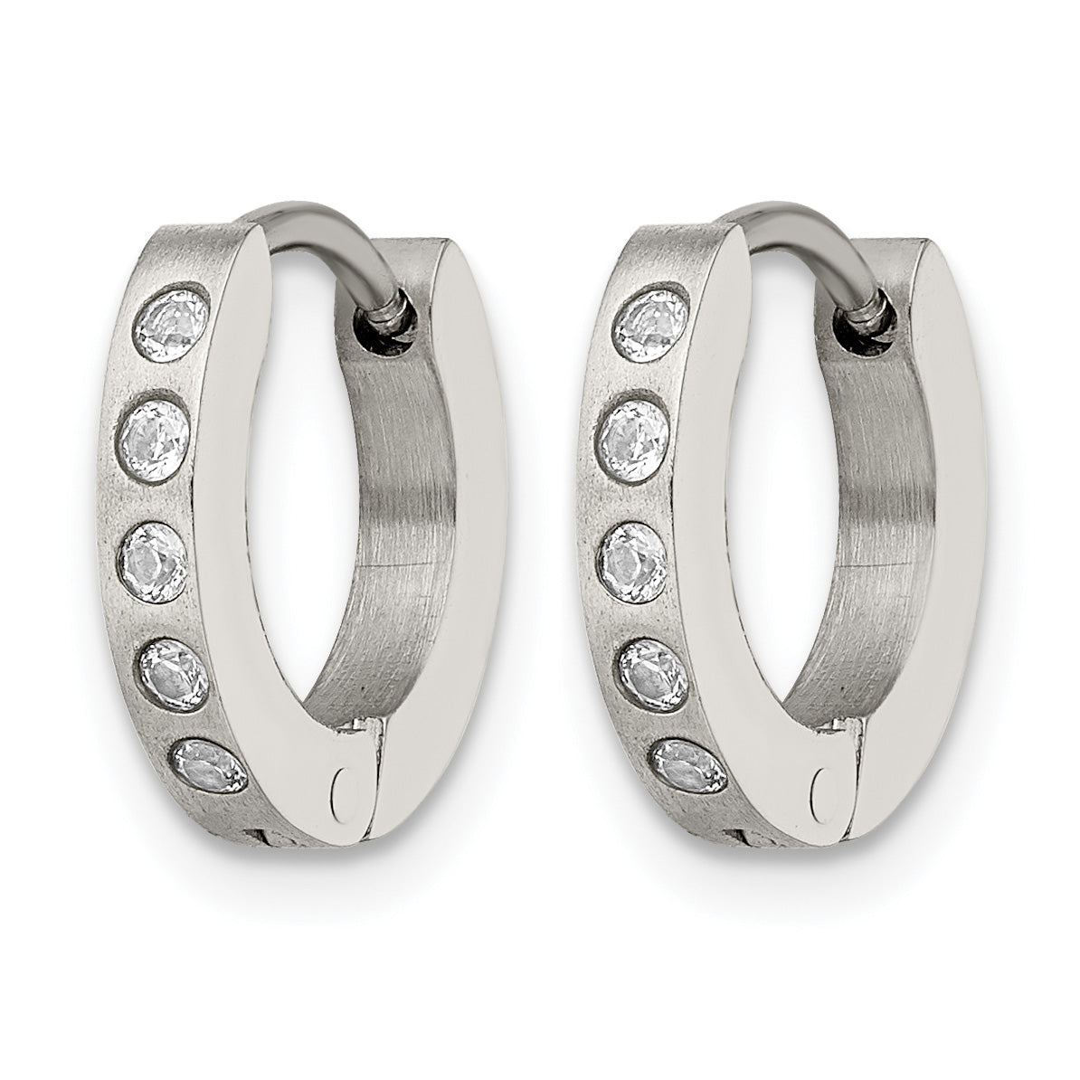 Stainless Steel Polished & Brushed Hinged Cubic Zirconia Huggie Hoop Earrings Secondary image