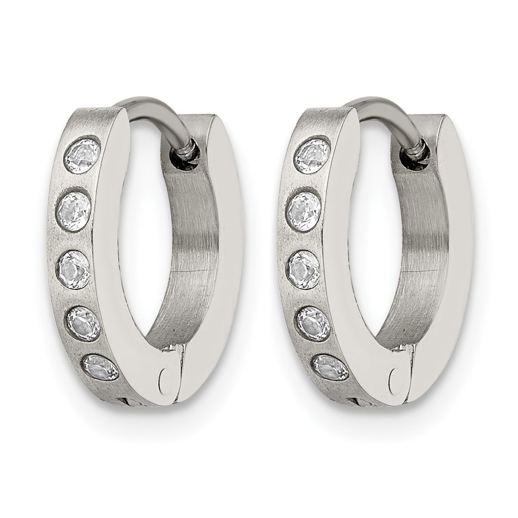 Stainless Steel Polished & Brushed Hinged Cubic Zirconia Huggie Hoop Earrings
