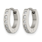 Stainless Steel Polished & Brushed Hinged Cubic Zirconia Huggie Hoop Earrings