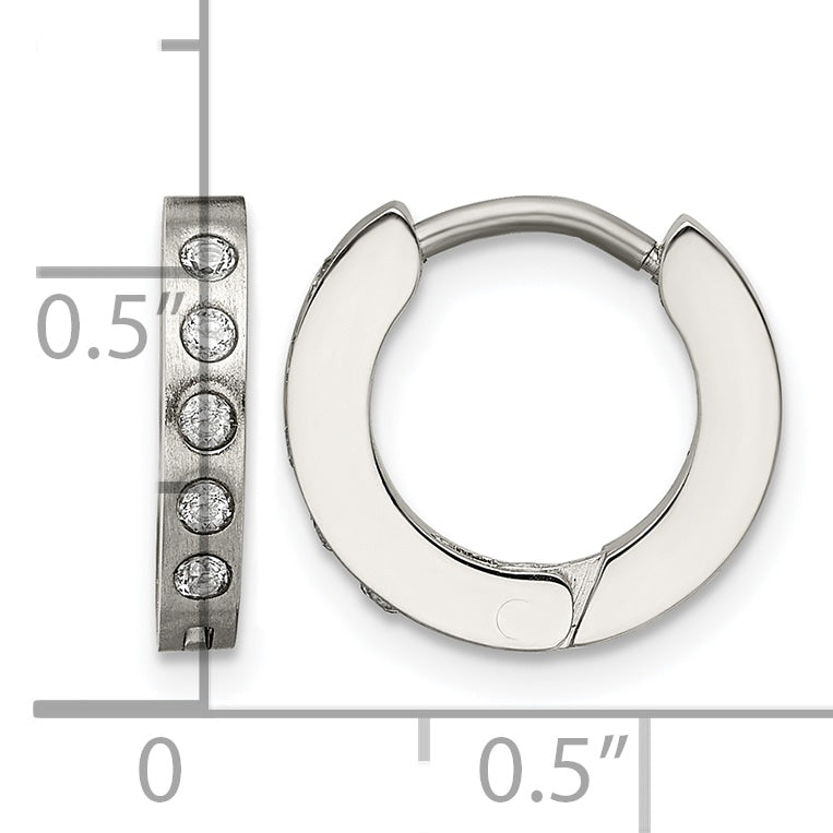 Stainless Steel Polished & Brushed Hinged Cubic Zirconia Huggie Hoop Earrings