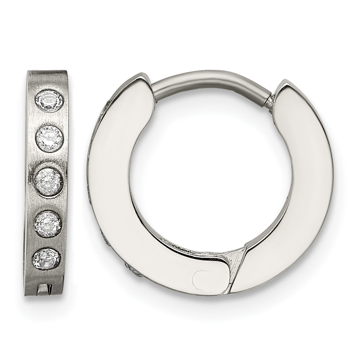 Stainless Steel Polished & Brushed Hinged Cubic Zirconia Huggie Hoop Earrings Main image